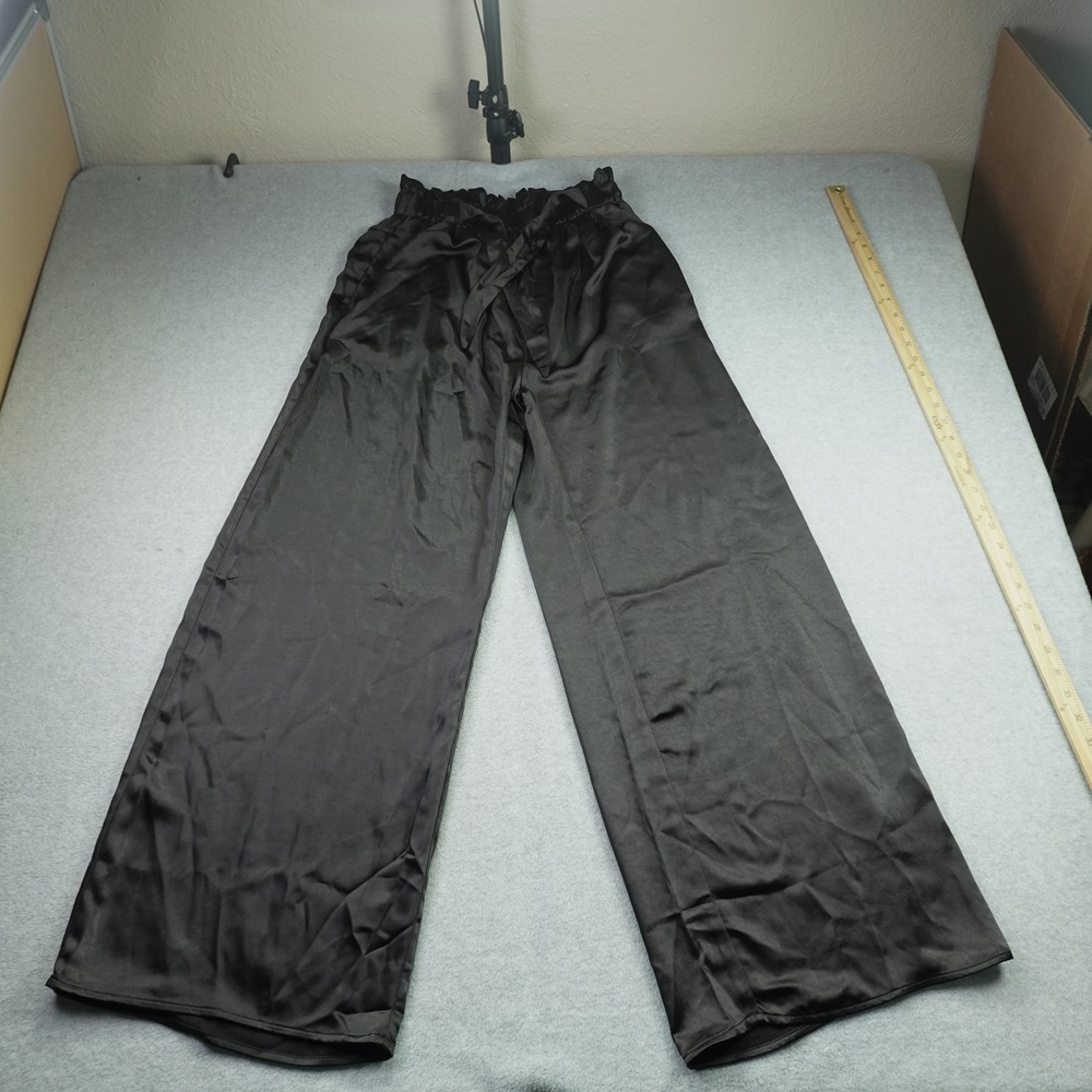 Aakaa Pants Womens Small Black Wide Leg Paperbag Waist Satin Trousers